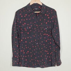 Rails Rhett 100% Silk Button Up Shirt Black Red Stars Long Sleeve Small Novelty